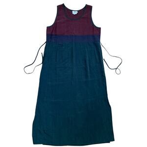 90's Sleeveless Tie Waist Burgundy Green Midi Slip Dress Sz 14P Artsy Lagenlook